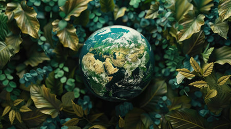 Modern 3D model of a globe surrounded by green foliage, representing global environmental protection with this inviting photo.の素材