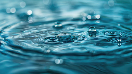 Macro shot of glistening water droplets on a blue surface with ripples in the background. Perfect for text copy space in a tranquil setting.の素材