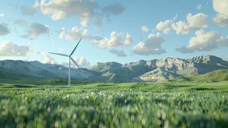 Modern 3D illustration of a wind turbine in a green field, promoting renewable energy sources with this inviting photo.の素材