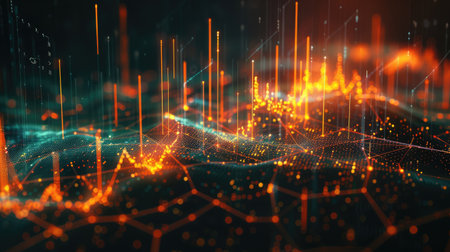 Modern 3D illustration of financial growth with rising trends and glowing lines on a dark background with this inviting photo.の素材