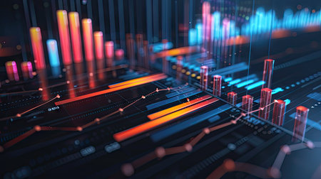 Modern 3D financial data visualization with bar charts and digital effects on a dark background with this inviting photo.の素材
