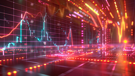 Modern 3D model of a financial market chart with digital effects and glowing lines on a grid background with this inviting photo.の素材