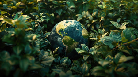 Modern 3D model of a globe surrounded by green foliage, representing global environmental protection with this inviting photo.の素材