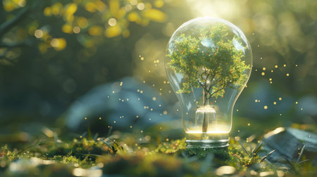 Modern 3D illustration of a tree inside a light bulb, representing innovative green energy with this inviting photo.の素材