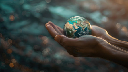Modern 3D rendering of a hand cradling a small earth, emphasizing global environmental protection with this inviting photo.の素材