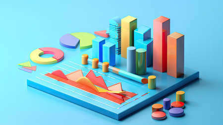 Modern 3D rendering of financial data visualization with bar charts and graphs on a blue background with this inviting photo.の素材