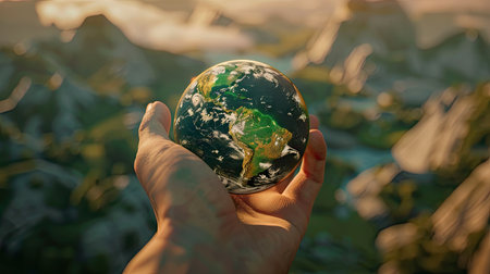 Modern 3D rendering of a hand cradling a small earth, emphasizing global environmental protection with this inviting photo.の素材