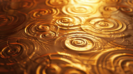 Stylish 3D illustration of a golden textured background with raised, swirling patterns and a warm glow with this inviting photo.の素材
