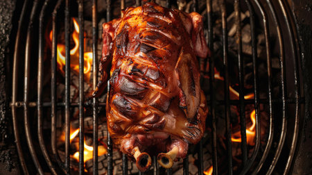 Roasted suckling pig on a BBQ grill, captured from top view, with crispy, perfectly cooked skin. Ideal for traditional BBQ food imagery.の素材