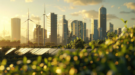Realistic 3D rendering of a city skyline with wind turbines and solar panels, promoting sustainable energy with this inviting photo.の素材