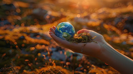 Modern 3D rendering of a hand cradling a small earth, emphasizing global environmental protection with this inviting photo.の素材