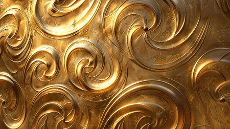 Stylish 3D illustration of a golden textured background with raised, swirling designs and a warm, glowing finish with this inviting photo.の素材