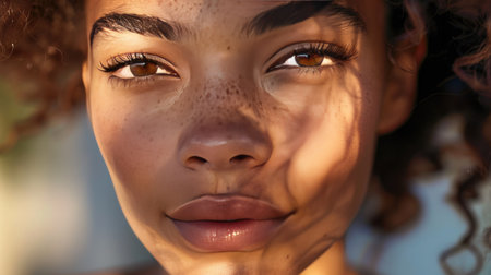 Modern close-up of a beautiful-skinned woman, showcasing her clear, luminous complexion and natural beauty with this inviting photo.の素材