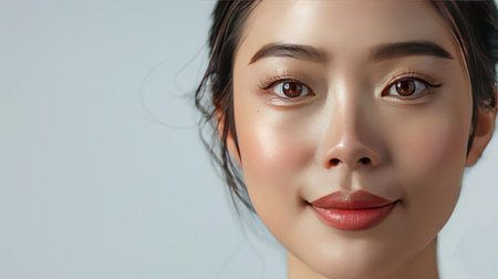 Portrait of a young Asian woman with fresh, clean skin on a white background. Face care and beauty treatment theme. Space for text on the right.の素材