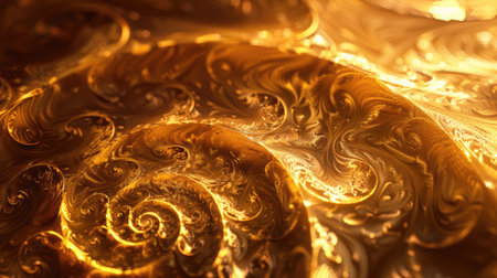 Stylish 3D illustration of a golden textured background with raised, swirling patterns and a radiant, glowing effect with this inviting photo.の素材