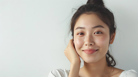 Radiant Asian woman with clean skin, smiling against a white background. Beauty and facial treatment theme. Ample space for text on the left.の素材