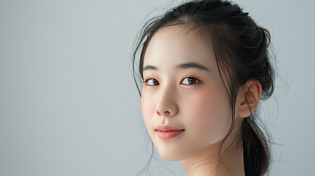 Portrait of a young Asian woman with fresh, clean skin on a white background. Face care and beauty treatment theme. Space for text on the right.の素材