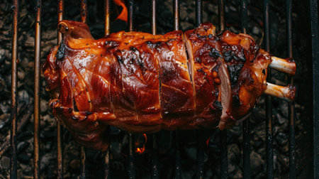Roasted suckling pig on a BBQ grill, captured from top view, with crispy, perfectly cooked skin. Ideal for traditional BBQ food imagery.の素材