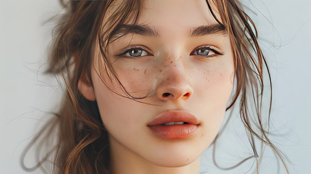 Portrait of a young woman with pristine, healthy skin, capturing her vibrant and youthful glow.の素材