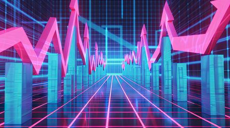 Stylized 3D illustration of a digital financial chart with arrows pointing upward on a grid background with this inviting photo.の素材