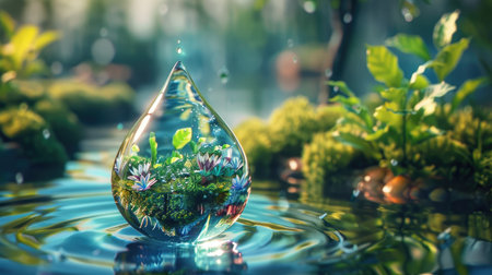 Stylized 3D image of a water droplet containing a miniature ecosystem, highlighting water conservation efforts with this inviting photo.の素材