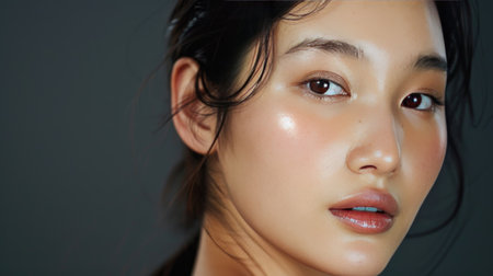 Portrait of an Asian woman with perfect skin, wearing elegant K-beauty makeup, highlighting her natural beauty and youthful complexionの素材