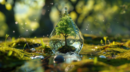 Stylized 3D image of a water droplet containing a miniature ecosystem, highlighting water conservation efforts with this inviting photo.の素材