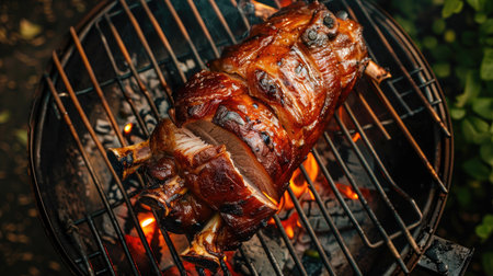 Roasted suckling pig on a BBQ grill, top view, showcasing the crispy, glazed skin. Ideal for culinary and festive food promotions.の素材