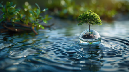 Stylized 3D image of a water droplet containing a miniature ecosystem, highlighting water conservation efforts with this inviting photo.の素材