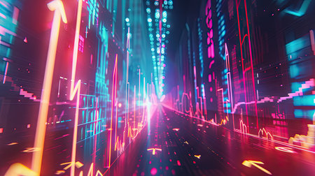 Stylized 3D model of a financial graph with arrows and digital effects on a futuristic background with this inviting photo.の素材