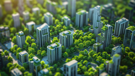 Stylized 3D rendering of a city with green buildings and trees, emphasizing urban sustainability with this inviting photo.の素材