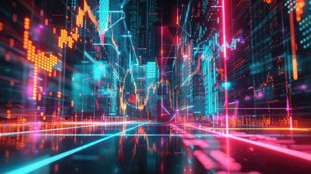 Stylized 3D model of a financial market chart with arrows and glowing lines on a futuristic background with this inviting photo.の素材
