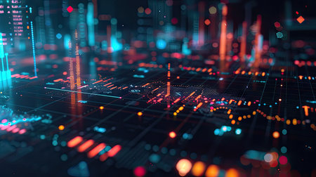 Stylized 3D rendering of financial symbols and charts with glowing effects on a dark background with this inviting photo.の素材