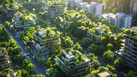 Stylized 3D rendering of a city with green buildings and trees, emphasizing urban sustainability with this inviting photo.の素材