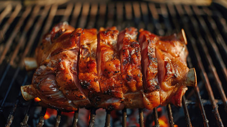 Top view of a beautifully roasted suckling pig on a barbecue grill, with golden, crispy skin. Perfect for BBQ event promotions.の素材