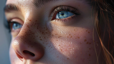 Ultra-detailed 3D render of a woman's face, focusing on the beauty of her nose and the harmonious facial features with this inviting photo.の素材