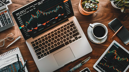 Top view of a desk with various charts and graphs, essential tools for analyzing investment opportunities with this inviting photo.の素材