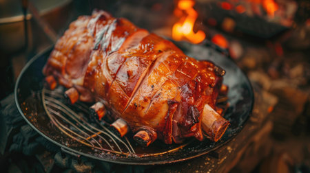 Top view of a barbecued suckling pig on a platter, with golden, crispy skin and tender meat. Perfect for traditional BBQ food visuals.の素材