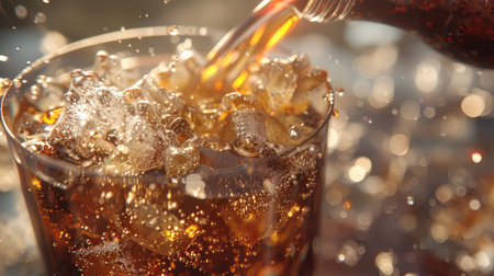 Ultra-detailed 3D render of cola pouring into a glass of ice, focusing on the sparkling carbonation and frosty ice cubes with this inviting photo.の素材