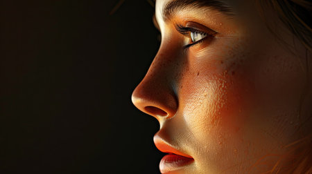 Ultra-high-definition 3D render of a woman's face, focusing on her perfectly sculpted nose with this inviting photo.の素材