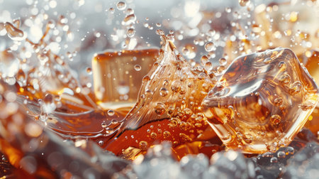 Ultra-high-definition 3D render of a cola stream cascading over ice cubes, emphasizing the refreshing and fizzy texture with this inviting photo.の素材