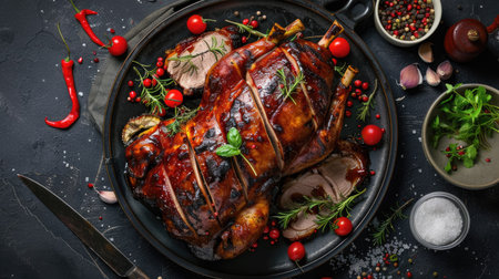 Whole barbecued suckling pig on a platter, viewed from above, with a crispy, glazed finish. Ideal for culinary and festive food photography. -の素材