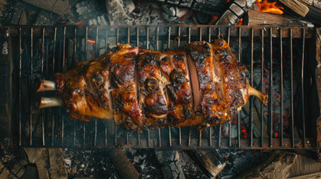Whole roasted suckling pig on a barbecue, captured from above, with perfectly crispy skin. Great for festive and gourmet food photography.の素材