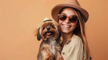 Woman laughing with her stylish Yorkshire Terrier puppy wearing sunglasses and a hat, set against a beige backdrop. Ample copy space above.の素材