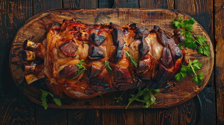 Whole barbecued suckling pig served on a wooden board, viewed from top, with a golden-brown, crispy exterior. Great for gourmet food visuals.の素材