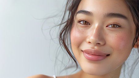 Young Asian woman with clear, glowing skin and trendy K-beauty makeup, smiling softly in a close-up shot.の素材