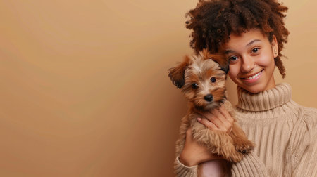 Woman with her adorable Yorkshire Terrier puppy in a funny outfit, standing against a beige backdrop with plenty of space for text.の素材