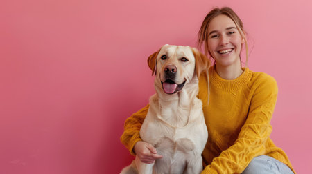 Woman and her Labrador Retriever dog sitting together, both happy, against a pink background. Room for text on the right.の素材