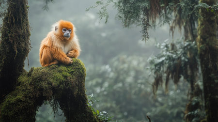 A solitary golden snub-nosed monkey perched on a moss-covered tree in a misty Chinese forest, with its bright orange fur standing out against the greenery.の素材