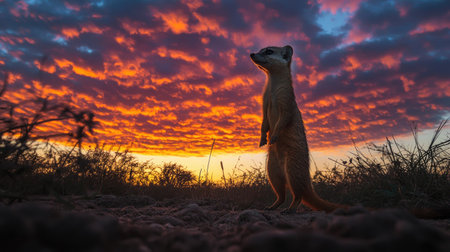 A dramatic capture of a common mongoose standing tall on its hind legs, surveying the area under a vibrant sky.の素材